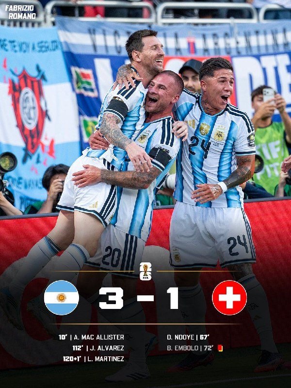 Argentina soccer players in light blue and white striped jerseys embrace in celebration, with a final-score graphic showing a 3-1 win over Switzerland.