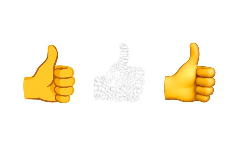 A graphic illustration displays three thumbs-up icons in a row: a flat yellow design on the left, a gray wireframe mesh version in the center, and a 3D-rendered yellow version on the right, all against a white background.