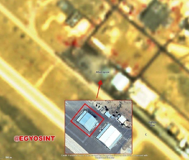 Satellite imagery shows an arid landscape with an inset labeled "Main Apron" highlighting a building, annotated with "@EGYOSINT" and a 100m scale bar.