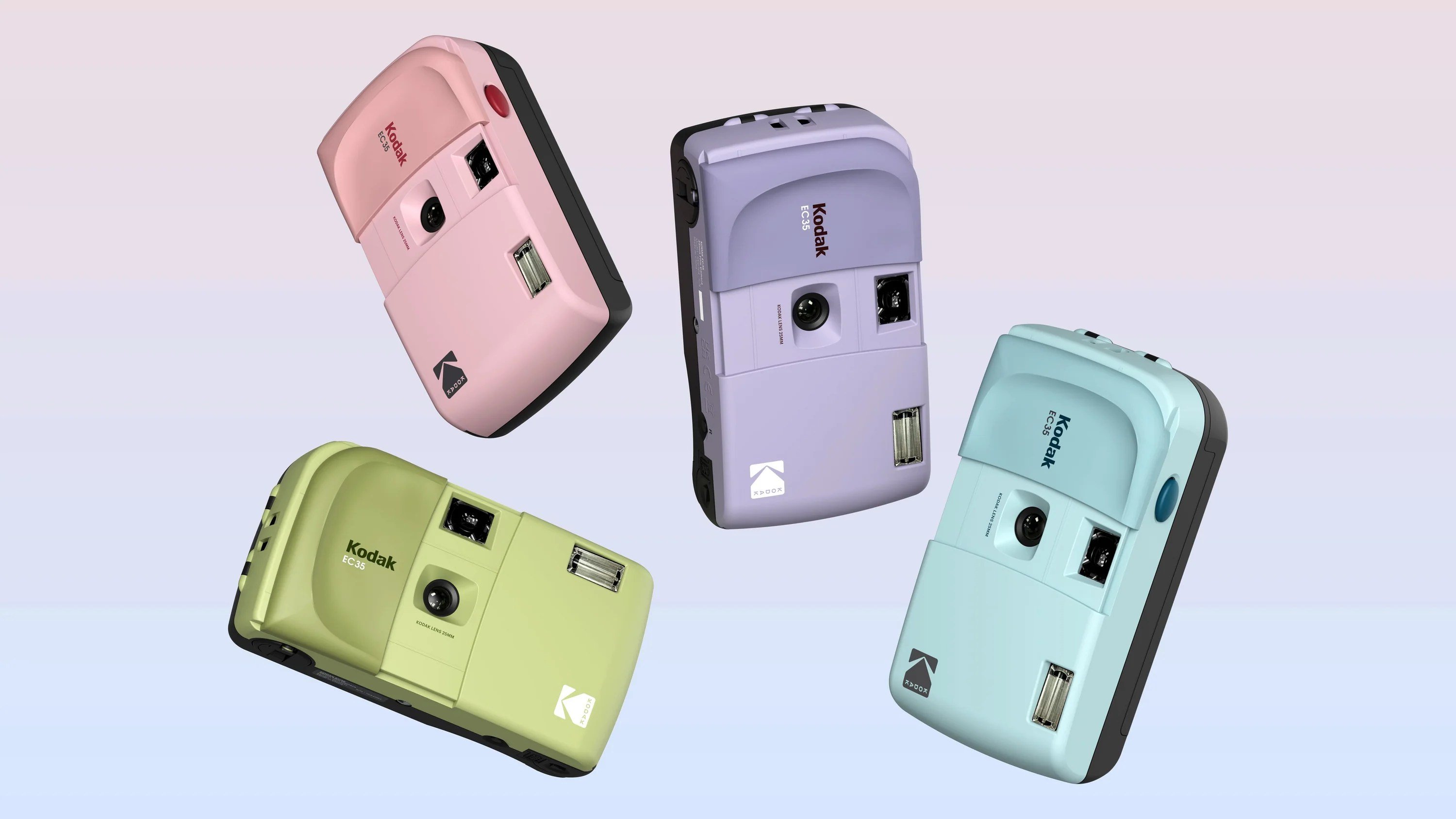 Product illustration: four Kodak EC35 instant cameras float at various angles against a pale gradient background, each in a different colorway—pink, lavender, lime green, and mint.