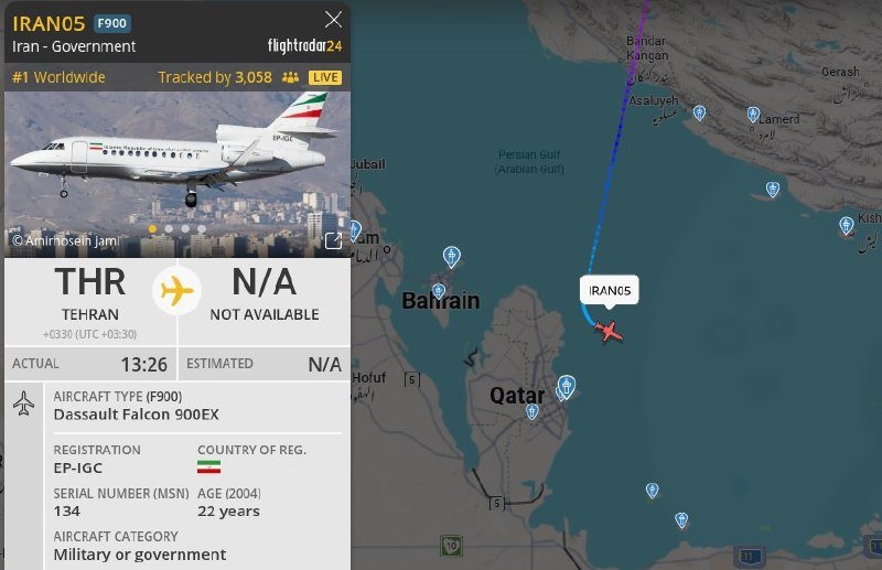 A flight-tracking interface displays a Dassault Falcon 900EX aircraft (registration EP-IGC) flying over the Persian Gulf near Qatar, with an inset photo of the plane and route details.
