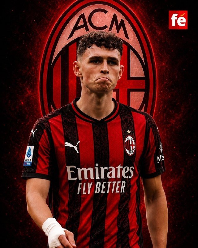 A young male soccer player wearing an AC Milan jersey with "Emirates Fly Better" printed on the front stands in front of a red AC Milan club logo.