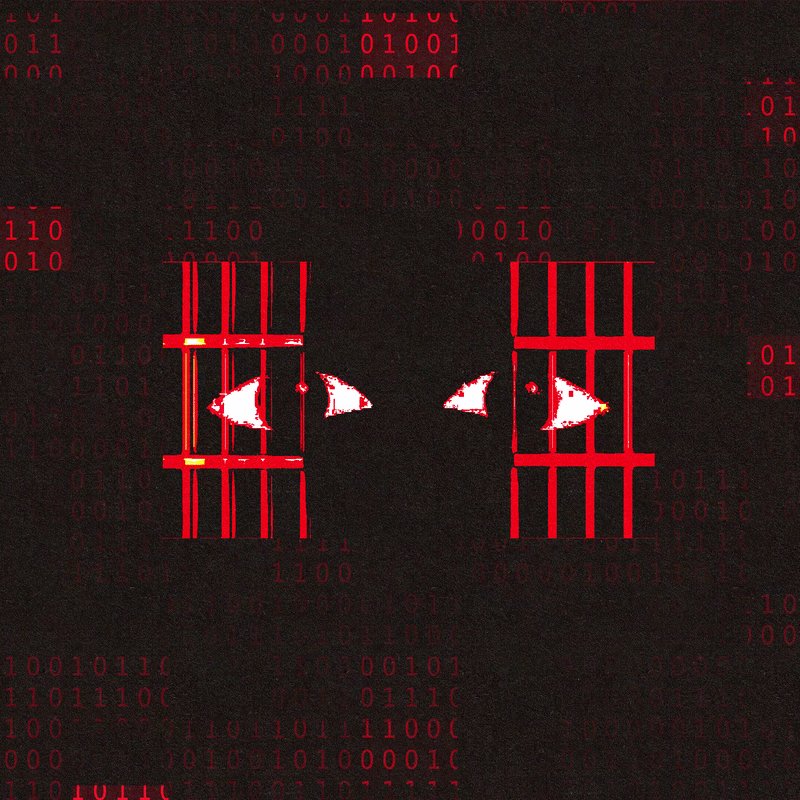 Illustration: broken prison bars and shattered monitors on a black background overlaid with red binary code, symbolizing a cybercrime or jailbreak concept.