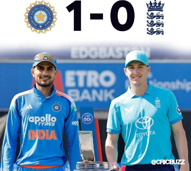 Two cricket captains pose with the ODI series trophy beneath a "1-0" graphic featuring team crests.