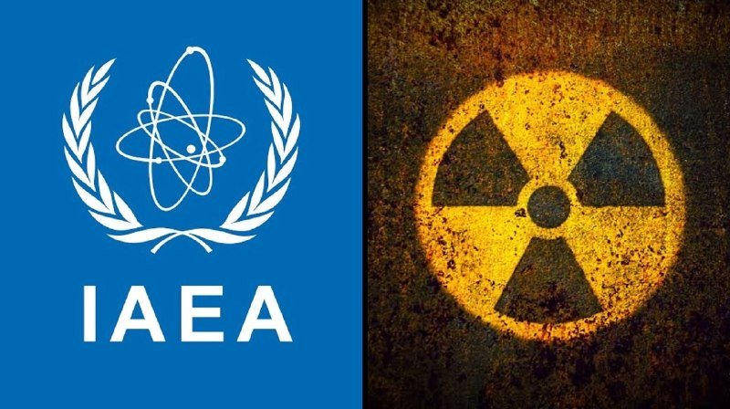 Split image showing the IAEA logo with an atomic emblem and laurel wreath on blue, beside a yellow radioactive hazard symbol on a dark textured background.