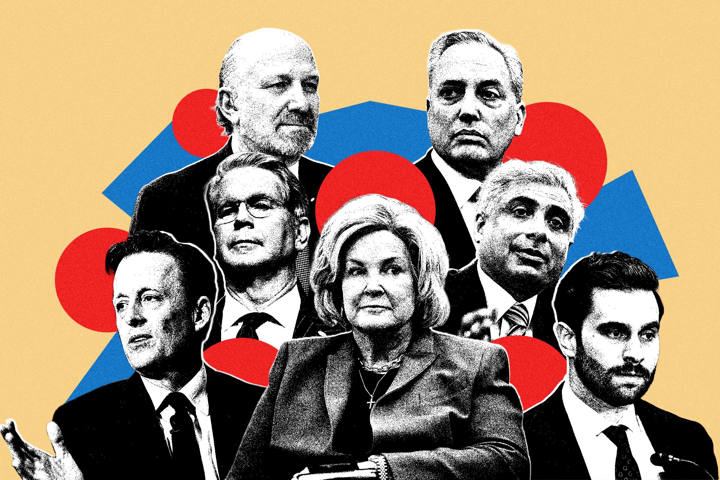 A graphic illustration shows seven black-and-white photo cutouts of formally dressed people arranged against a yellow background with red circles and blue geometric shapes.