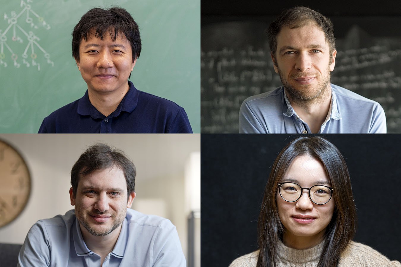 A composite image displays four individual portrait photographs of men and women, each shown from the shoulders up against varying backgrounds including a chalkboard and plain walls.