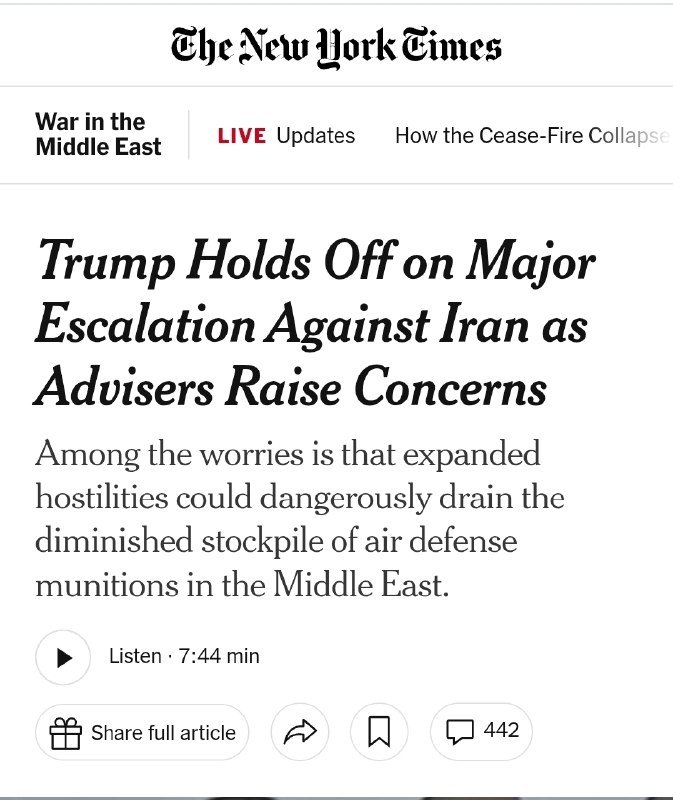 A New York Times digital article screenshot displaying the headline "Trump Holds Off on Major Escalation Against Iran as Advisers Raise Concerns" with a listen button and share options.