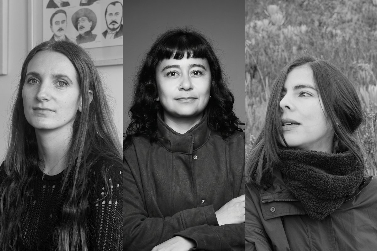Black-and-white triptych showing three women's portraits side by side: one indoors beneath a framed print, one in a studio against a plain backdrop, and one outdoors wearing a fleece-lined jacket.