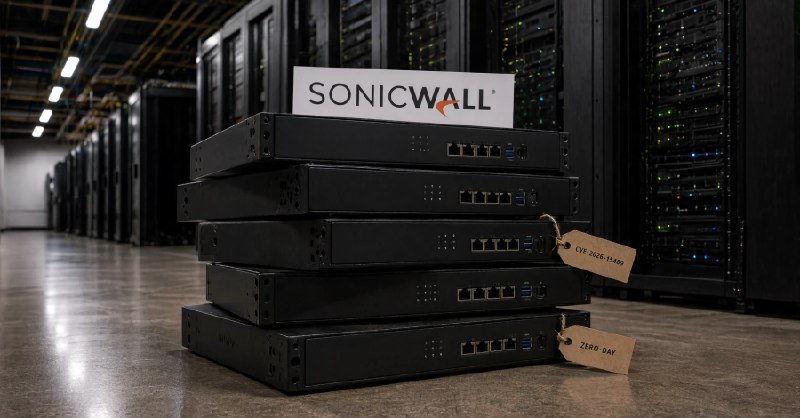 A stack of SonicWall network security appliances sits in a data center aisle, with two devices displaying "CVE 2024-11488" and "ZERO DAY" tags.