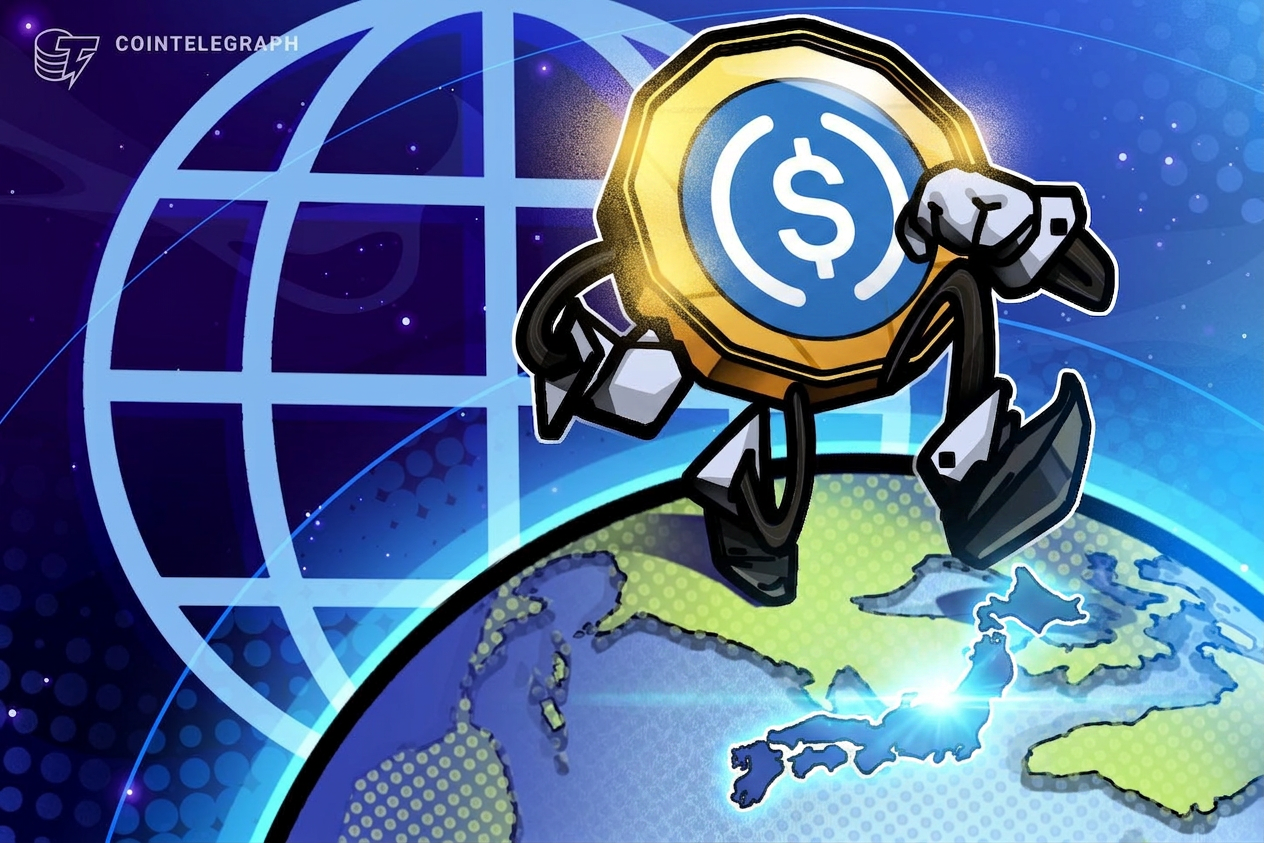A stablecoin is bridged across borders in a stylized transaction graphic published with Cointelegraph's Japan payments coverage.