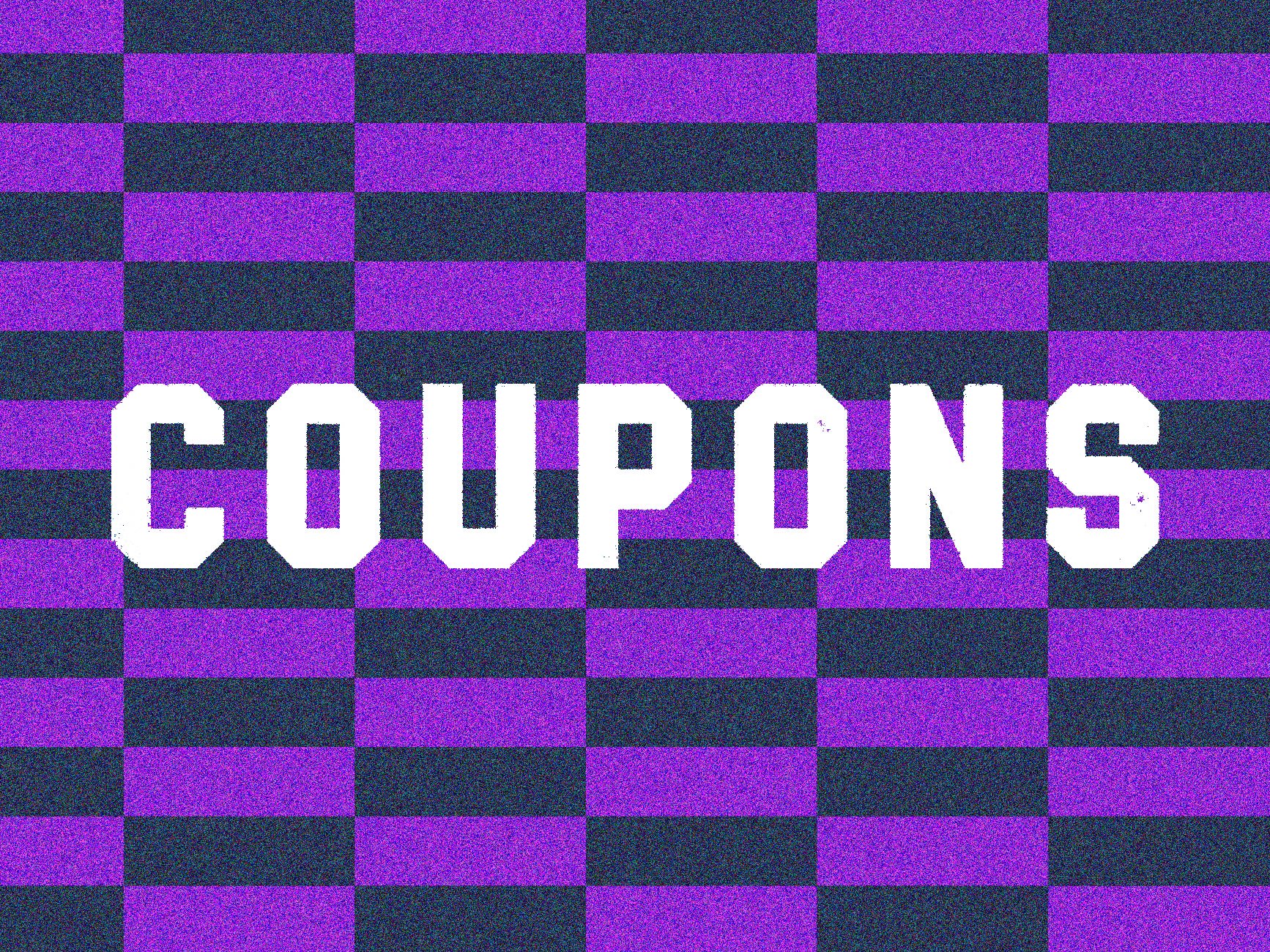 Graphic displaying the word "COUPONS" in bold white text centered on a purple and dark navy checkerboard background.