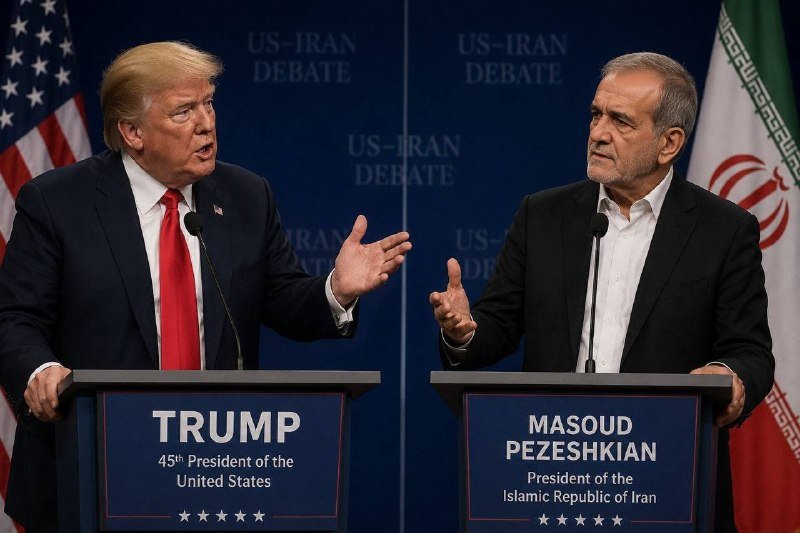 A blonde-haired man in a dark suit and red tie speaks at a podium labeled "TRUMP," gesturing toward a gray-haired man in a dark suit at an adjacent podium labeled "MASOUD PEZESHKIAN," with a "US-IRAN DEBATE" backdrop.