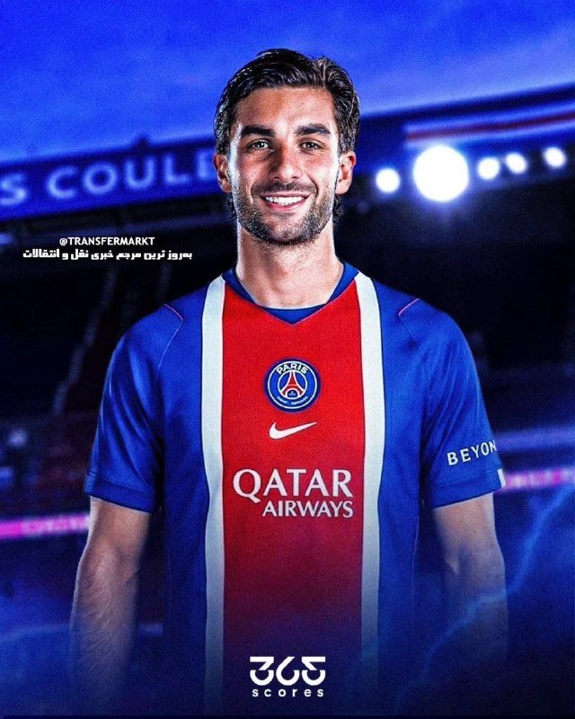 A smiling man wearing a blue and red Paris Saint-Germain jersey stands against a stadium backdrop in this illustrated graphic featuring "365 scores" branding.