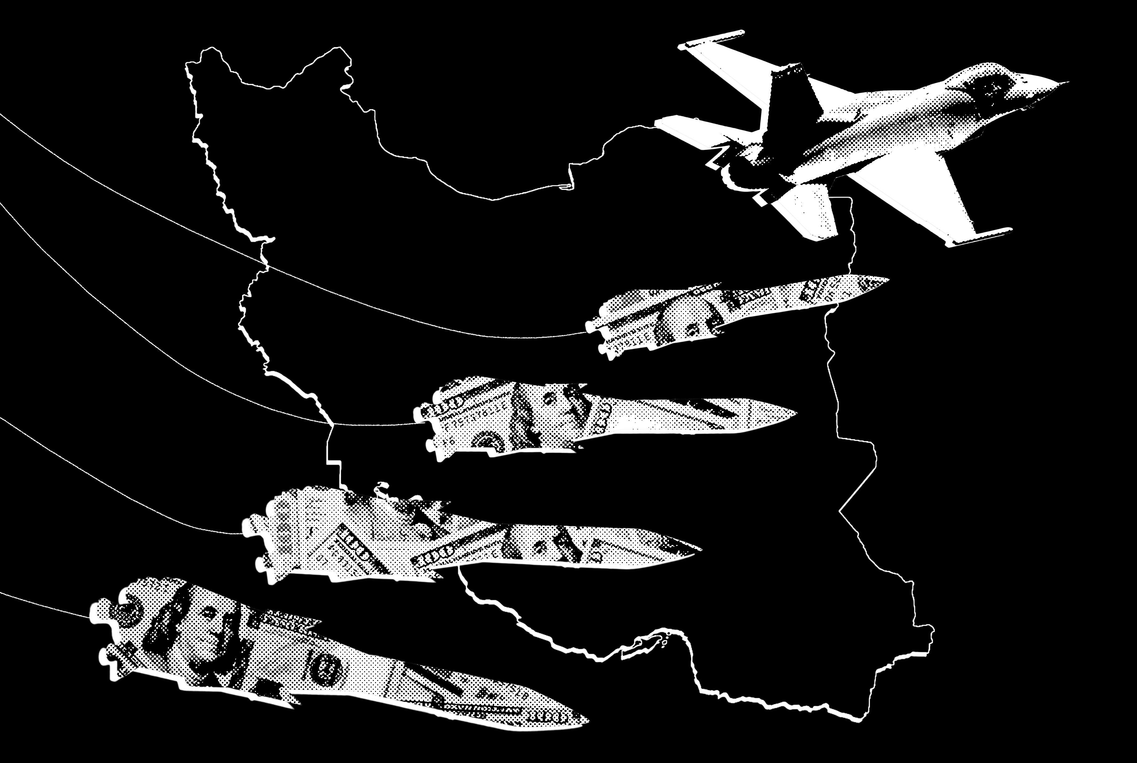 A black-and-white graphic illustration depicts an outline of Iran's map with four missile-shaped objects and a fighter jet trailing curved trajectory lines across it.