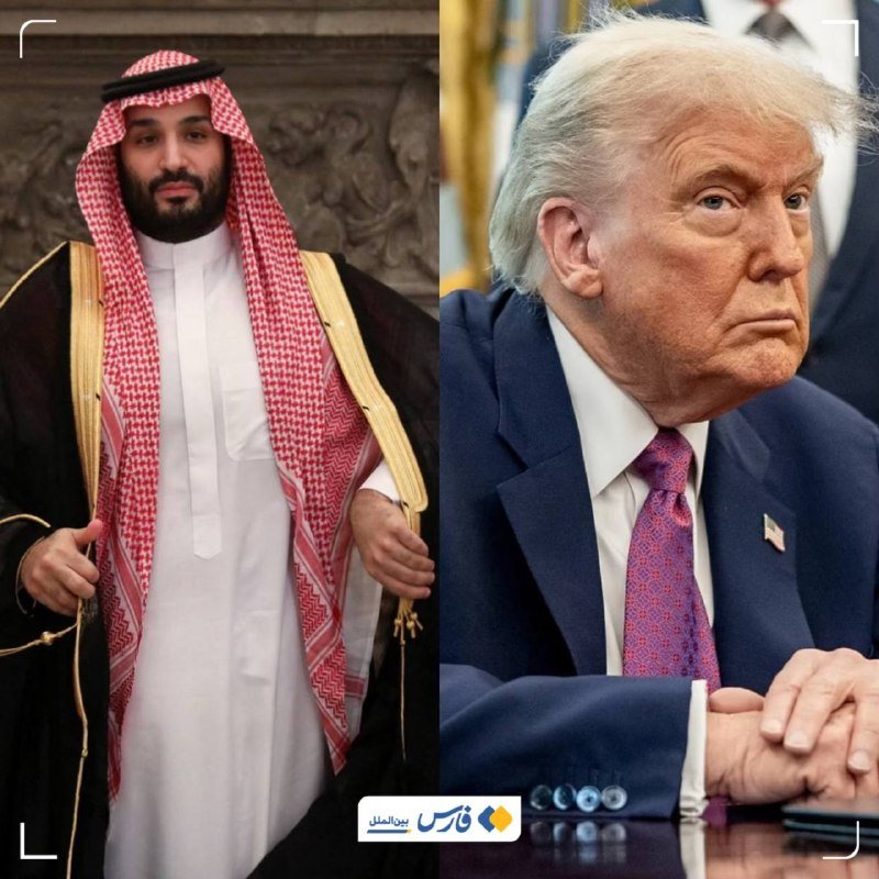 A side-by-side composite image shows a man in traditional red-and-white Arab headdress and black cloak on the left, and a man in a dark suit with purple tie seated with clasped hands on the right.