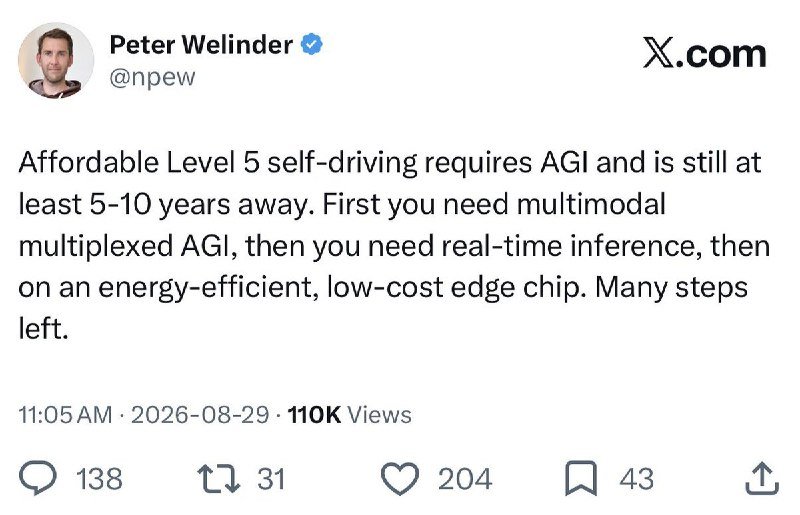 A screenshot of an X.com post by Peter Welinder (@npew) discussing the timeline and technical requirements for achieving affordable Level 5 self-driving technology.