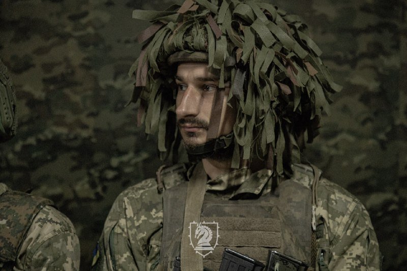 A soldier in camouflage uniform and a leafy helmet cover stands indoors, with a second similarly uniformed soldier partially visible to the left.