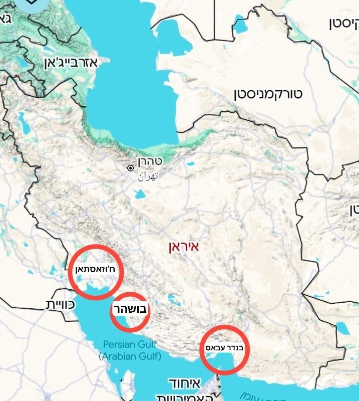 A map of Iran shows the Persian Gulf coastline with three red circles marking locations near the cities of Bandar-e Mahshahr, Bushehr, and Bandar-e Lengeh.