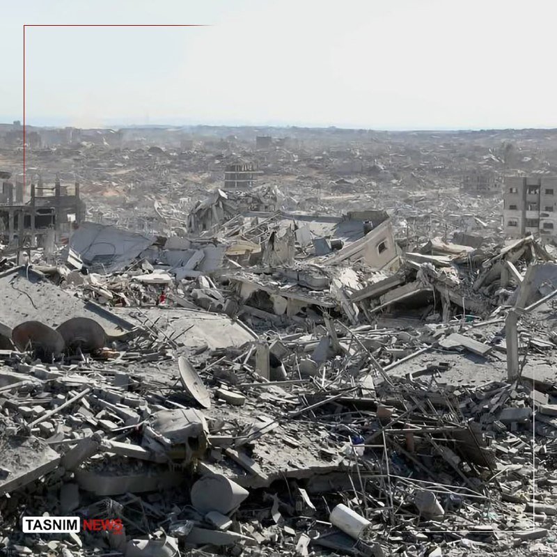 Extensive rubble and flattened buildings stretch across a wide landscape under a pale sky, with the "TASNIM NEWS" logo in the corner.