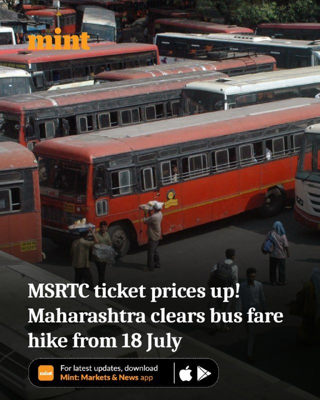 Red passenger buses are tightly packed in a crowded terminal while several pedestrians walk through the lot in an image promoting a Mint Markets & News article announcing the MSRTC bus fare hike from 18 July.