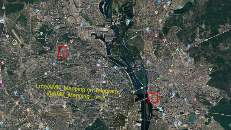 A satellite map view shows an urban area with a river, labeled landmarks, colored location pins, and two red highlighted boxes with yellow overlaid text.