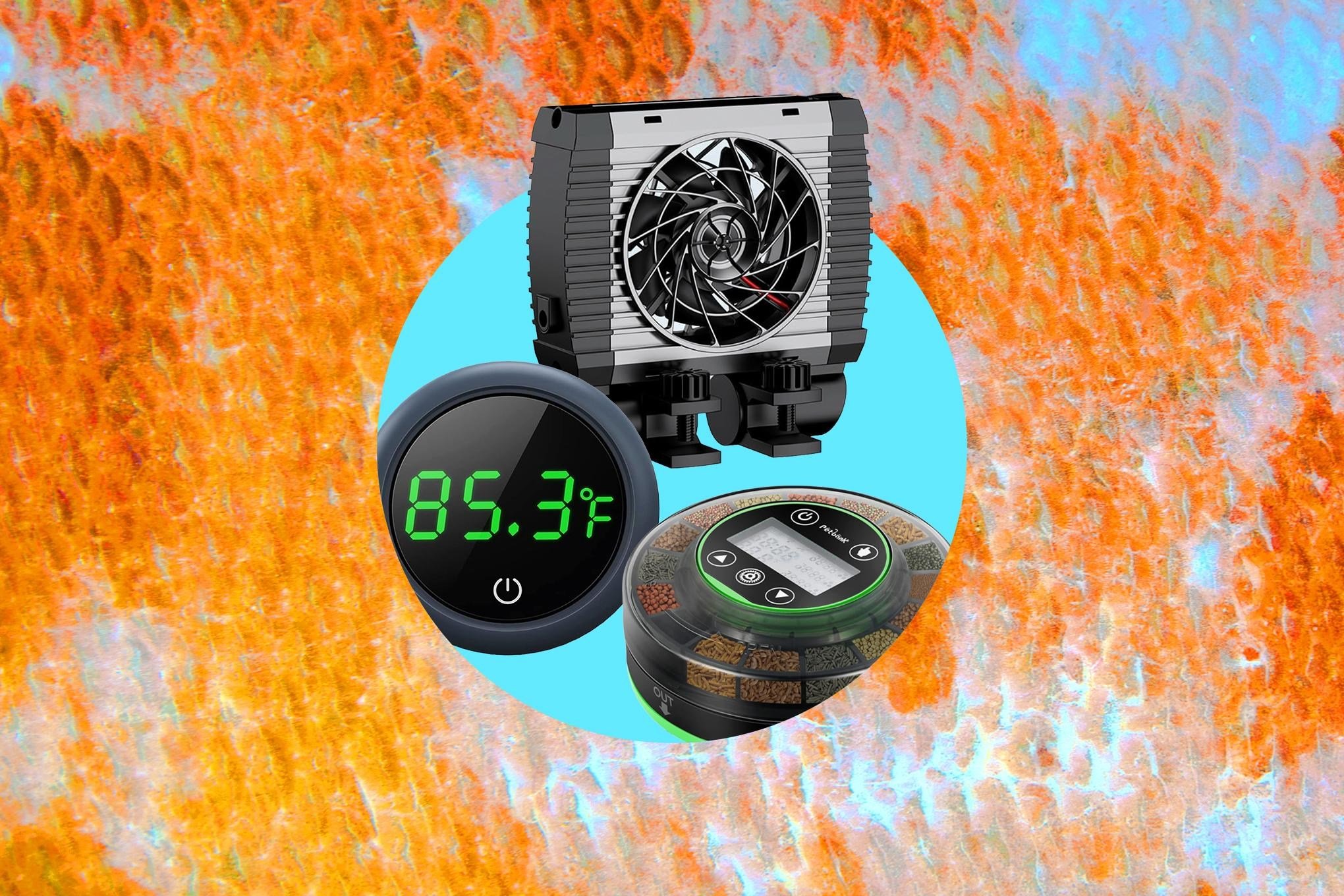 Three aquarium accessories—a black cooling fan, a digital thermometer displaying "85.3°F," and a clear automatic fish feeder filled with pellets—are displayed against a textured orange and blue background.