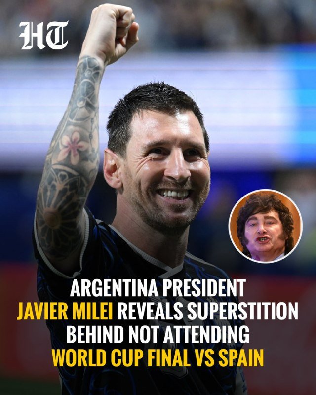 A smiling man with a tattooed arm raises his fist in a stadium, alongside a small inset photo of another man and overlaid text about Argentina's president.