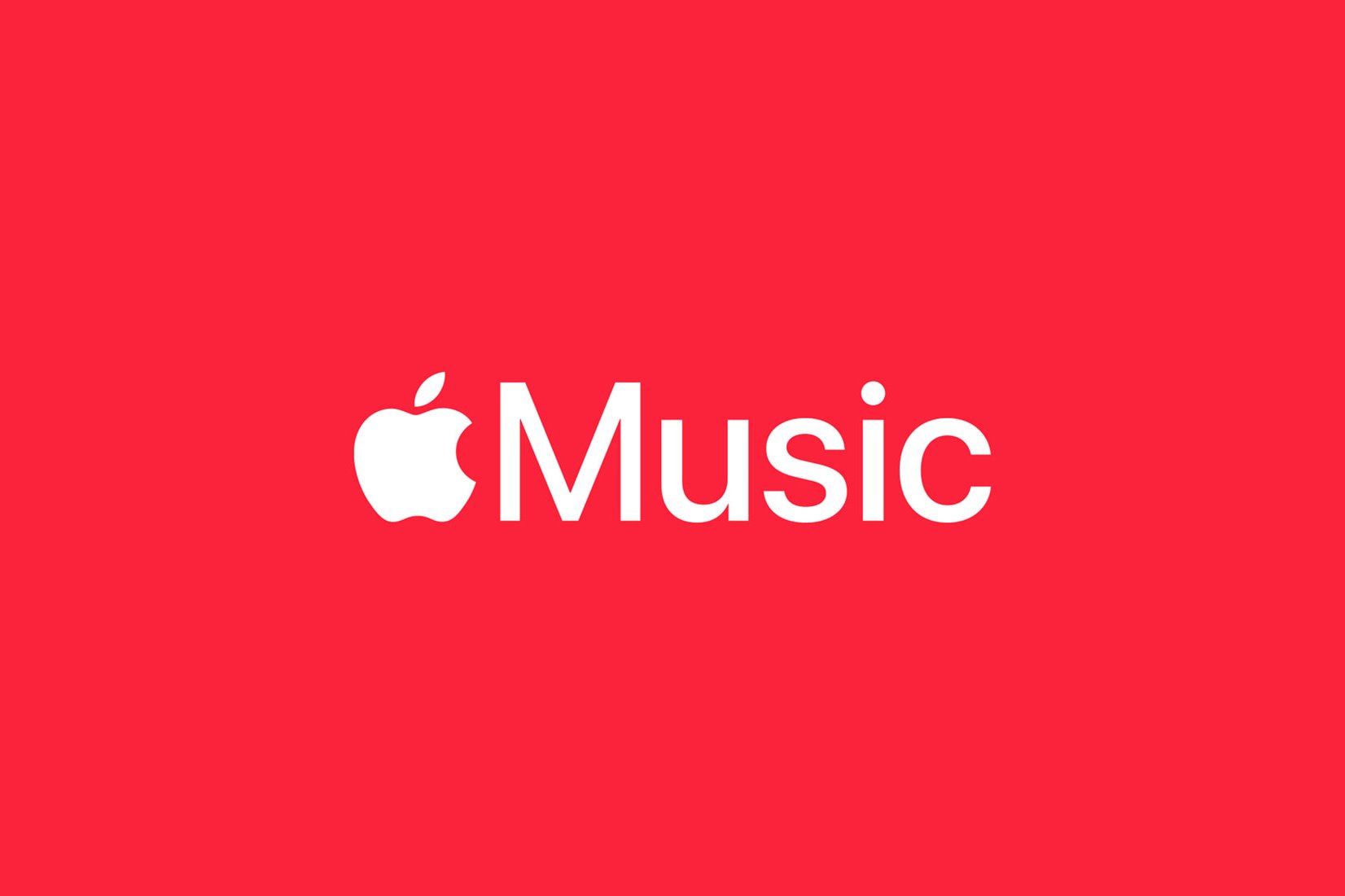 The Apple Music logo, featuring a white bitten apple icon beside the word "Music," appears on a solid red background.