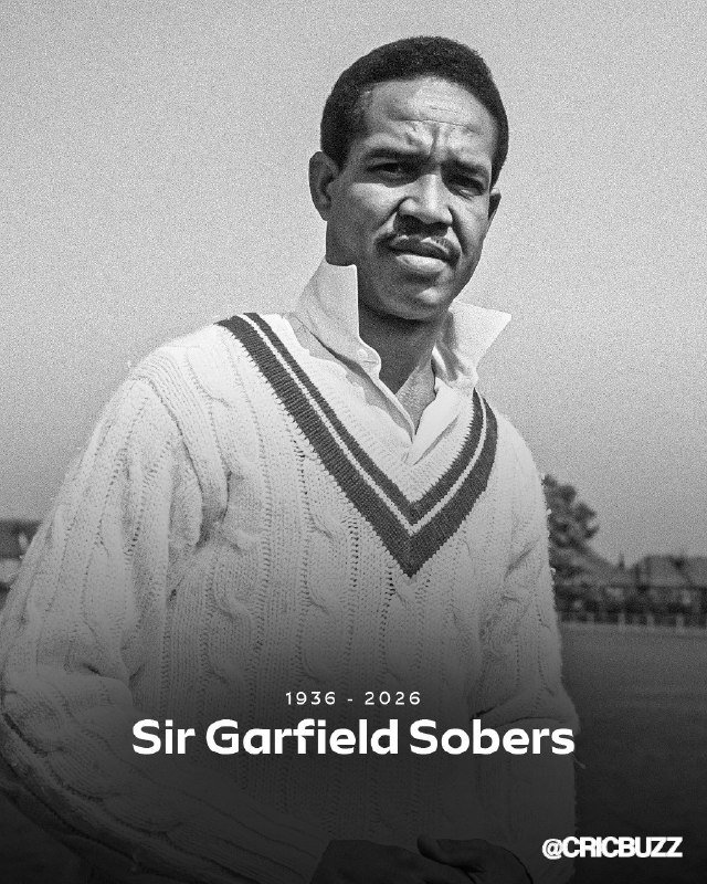 A black-and-white portrait shows a man in a cricket sweater with the text "1936 - 2026 Sir Garfield Sobers" and "@CRICBUZZ" overlaid.
