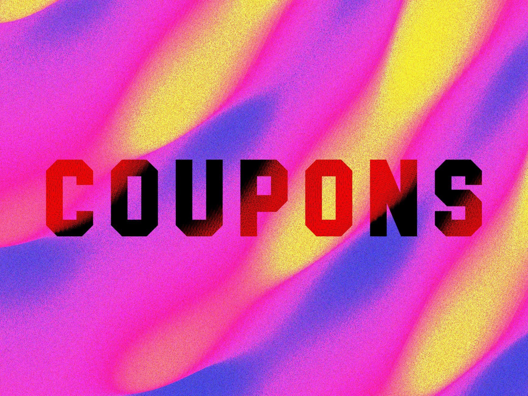 A digital graphic displays the word "COUPONS" in bold, distressed black-and-red letters over a wavy pink, yellow, and blue gradient background with a grainy texture.