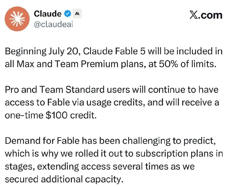 A screenshot of an X.com post by verified account "Claude" (@claudeai) announcing Claude Fable 5's inclusion in Max and Team Premium plans starting July 20.