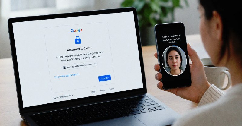 A person holds a smartphone displaying a facial recognition prompt while facing a laptop showing a Google "Account locked" verification screen.