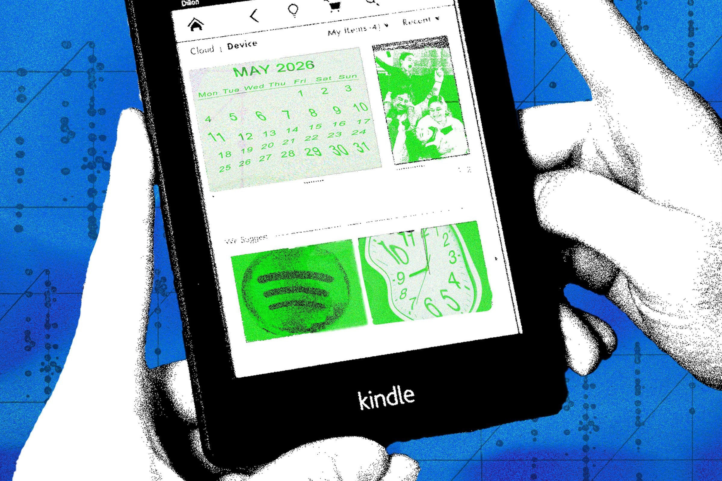 Illustrated hands hold a Kindle device displaying a "MAY 2026" calendar and screen options against a blue dotted background.