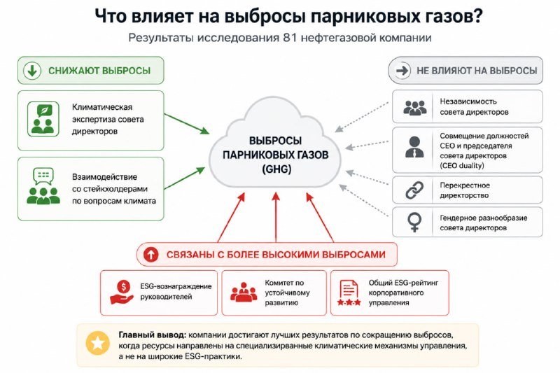 A Russian-language infographic titled "What influences greenhouse gas emissions?" displays survey results from 81 oil and gas companies, categorizing factors that reduce, do not affect, or correlate with high GHG emissions.