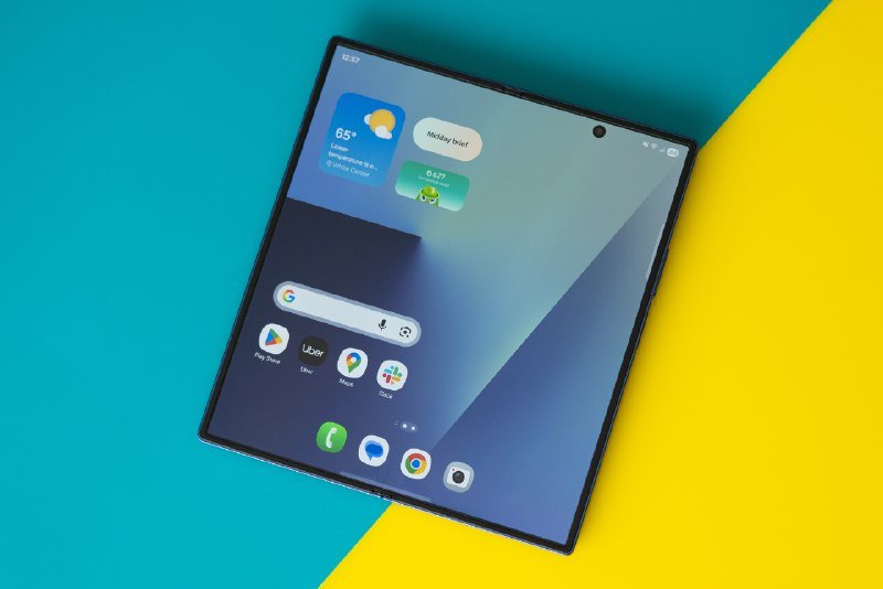 A folded smartphone displays its home screen with app icons and widgets on a teal and yellow background.
