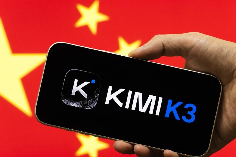 A hand holds a smartphone displaying the "K KIMI K3" logo against a blurred red background with yellow stars resembling a national flag.