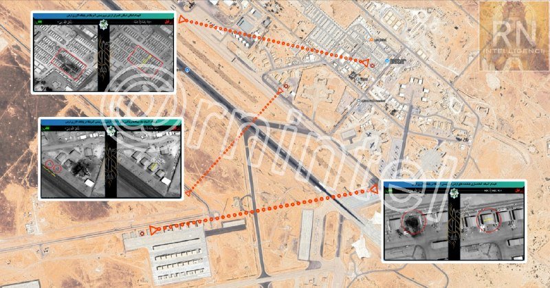A satellite image of an arid airfield compound features three smaller inset aerial drone views with red markings and dotted trajectory lines, overlaid with a faded "IRNA Intelligence" watermark and logo.