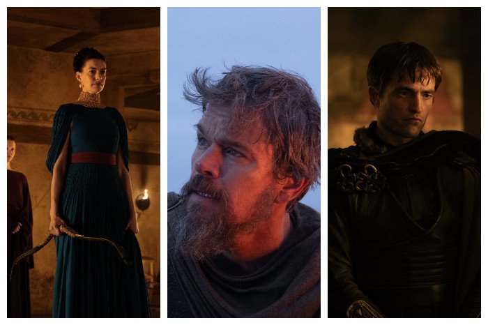 A triptych of three figures: a dark-haired woman in a teal gown holding a curved object, a bearded man gazing upward, and a dark-haired man in black armor.