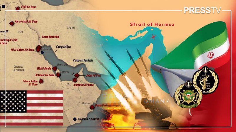 A Press TV graphic shows a map of the Persian Gulf and Strait of Hormuz with labeled US and military bases, alongside symbols of missiles, drones, and Iranian military emblems.
