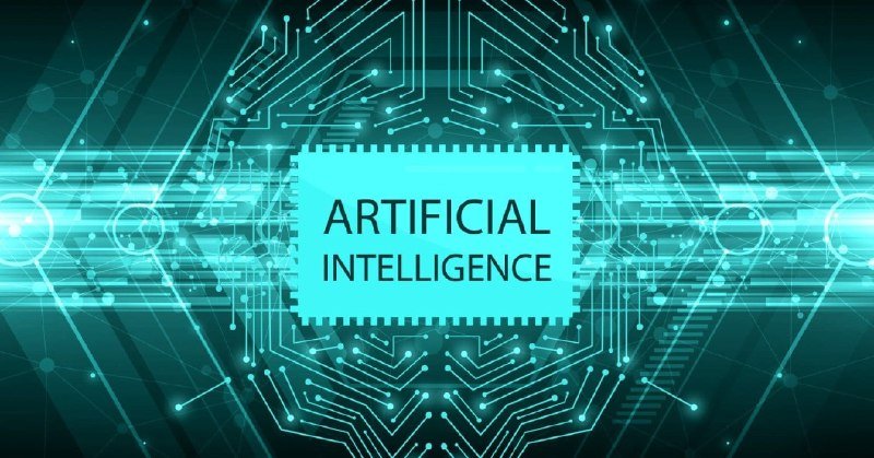 A digital graphic displays a central chip icon reading "ARTIFICIAL INTELLIGENCE," surrounded by glowing cyan circuit-board patterns and networked nodes on a dark teal background.