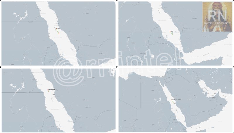 Four map panels display the Arabian Peninsula and surrounding region, each highlighting specific labeled locations along the Red Sea coast with a yellow marker and "RN INTELLIGENCE" watermark visible.