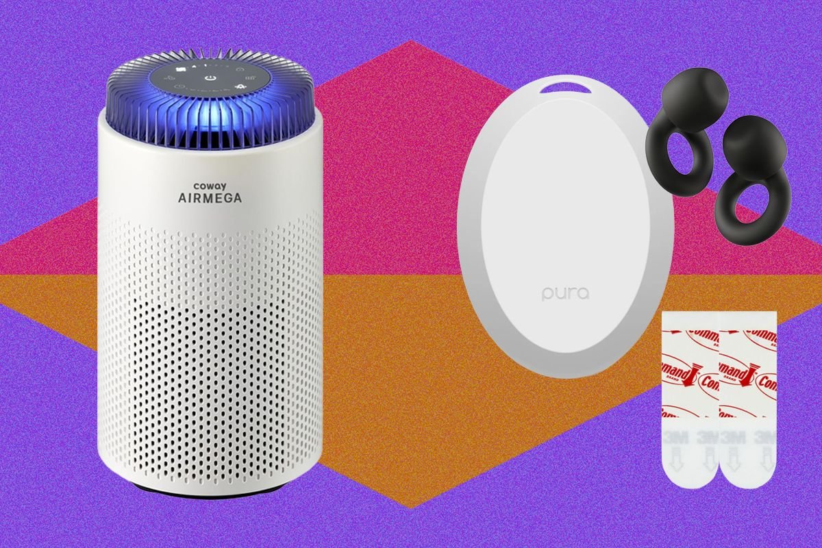 A product graphic displays a white Coway Airmega air purifier, a white Pura diffuser, black earbuds, and Command adhesive strips against a geometric purple, pink, and orange background.