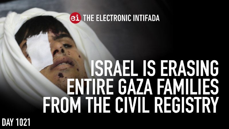 A graphic from The Electronic Intifada shows an injured child with a bandaged head and facial wounds, overlaid with text reading "ISRAEL IS ERASING ENTIRE GAZA FAMILIES FROM THE CIVIL REGISTRY" and "DAY 1021."