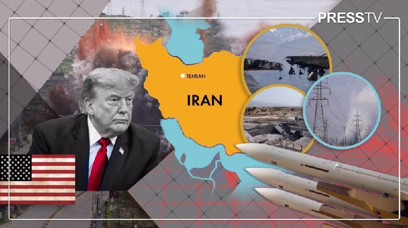 A graphic illustration featuring a man's photo, labeled "TEHRAN" and "IRAN" on a yellow map, alongside an American flag, missiles, and inset images of military facilities, with "PRESSTV" in the corner.