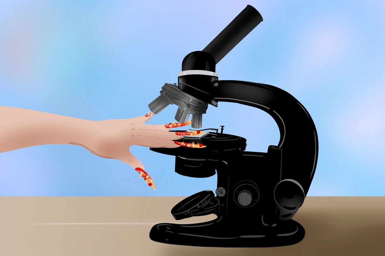 A digital illustration shows a hand with long, glowing red fingernails reaching toward the stage of a black microscope against a blue background.