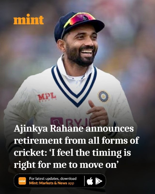 A smiling bearded man in a white Indian cricket jersey and cap is shown on a Mint news graphic with text about Ajinkya Rahane's retirement announcement.