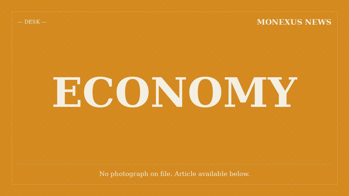 Orange graphic placeholder card displaying "ECONOMY" in large white text, with "DESK" and "MONEXUS NEWS" labels and a note reading "No photograph on file."
