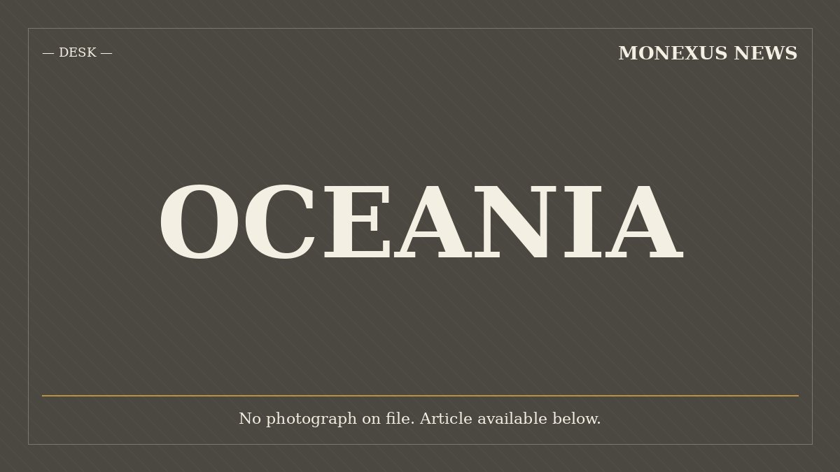 A graphic placeholder displays the word "OCEANIA" centered on a dark, diagonally-striped background, with "MONEXUS NEWS" and "DESK" labels and a note stating no photograph is available.