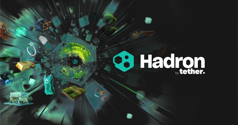 A digital graphic features a glowing green hexagon bursting outward with various 3D objects flying through a black background, alongside the "Hadron by tether." logo.